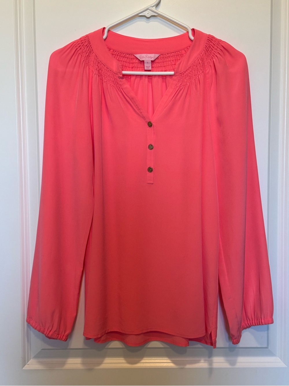 Lilly Pulitzer Silk Coral Pink Smocked Henley Blouse
